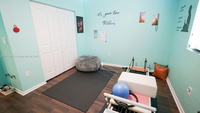 workout area featuring dark hardwood / wood-style flooring