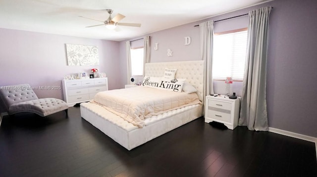 bedroom featuring ceiling fan and dark wood-type flooring