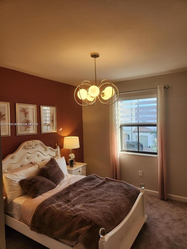 carpeted bedroom with an inviting chandelier