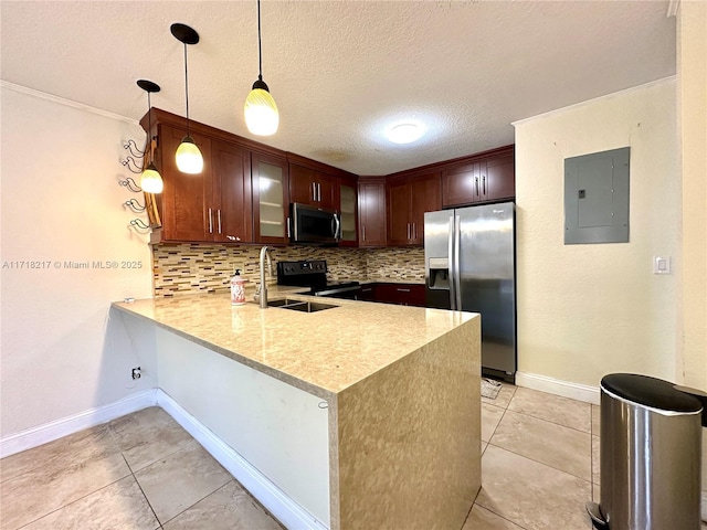 kitchen featuring electric panel, decorative backsplash, appliances with stainless steel finishes, decorative light fixtures, and kitchen peninsula