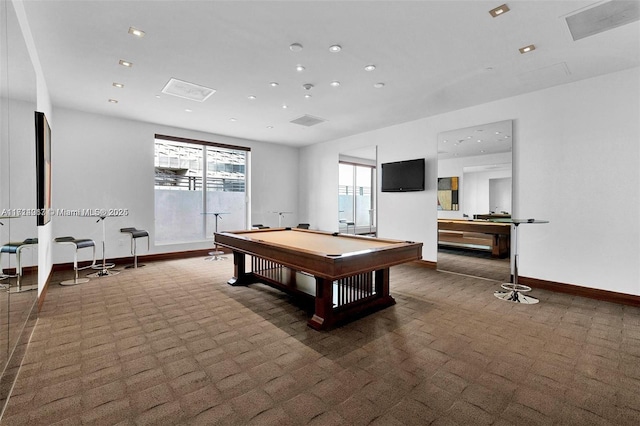 game room featuring billiards and dark carpet