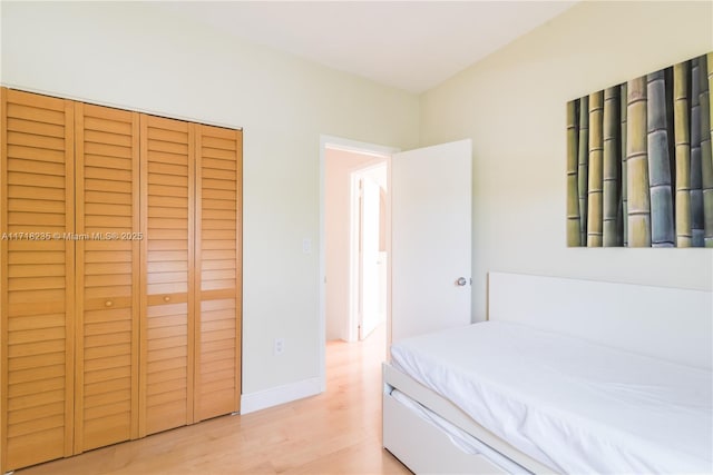 bedroom with a closet and light hardwood / wood-style flooring