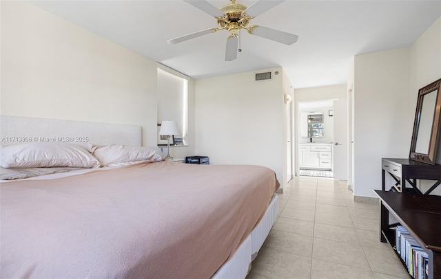 bedroom featuring ceiling fan and light tile patterned floors