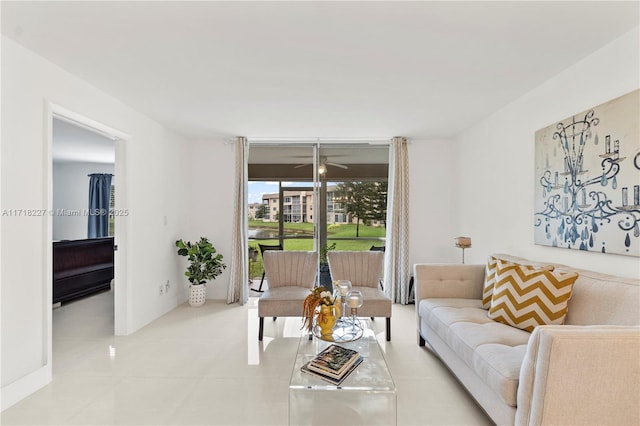 living room with a wall of windows