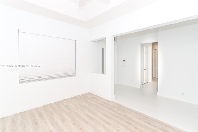 empty room with ceiling fan and light hardwood / wood-style flooring