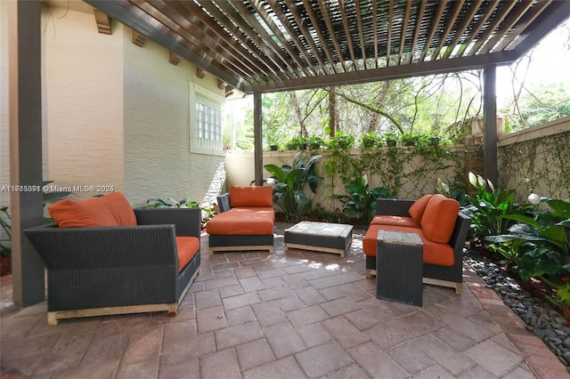 view of patio featuring an outdoor living space, a pergola, and a fenced backyard