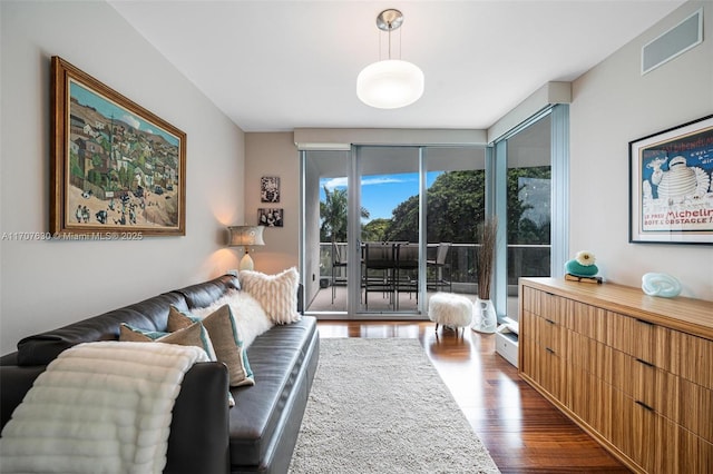 living room with dark hardwood / wood-style floors