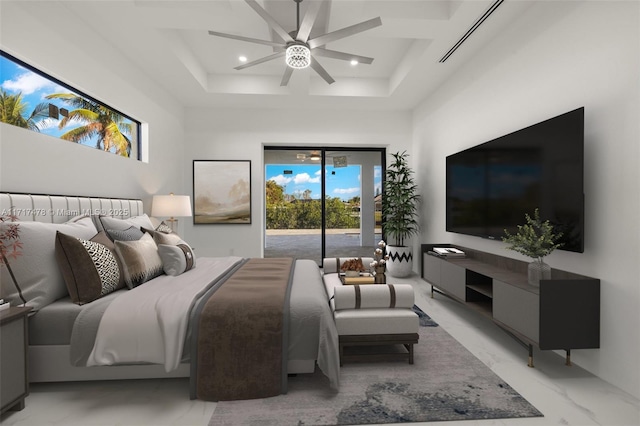 bedroom with access to outside and ceiling fan