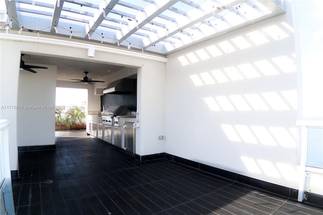 view of patio featuring a pergola, area for grilling, grilling area, and ceiling fan