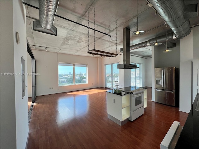 kitchen with stainless steel refrigerator with ice dispenser, white electric range oven, and hardwood / wood-style flooring