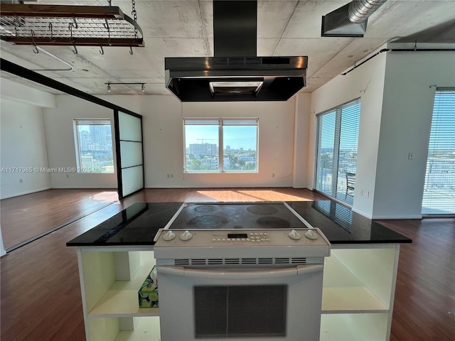 kitchen featuring dark wood-type flooring, track lighting, exhaust hood, and white electric range oven