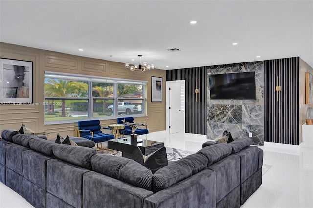 living room featuring an inviting chandelier