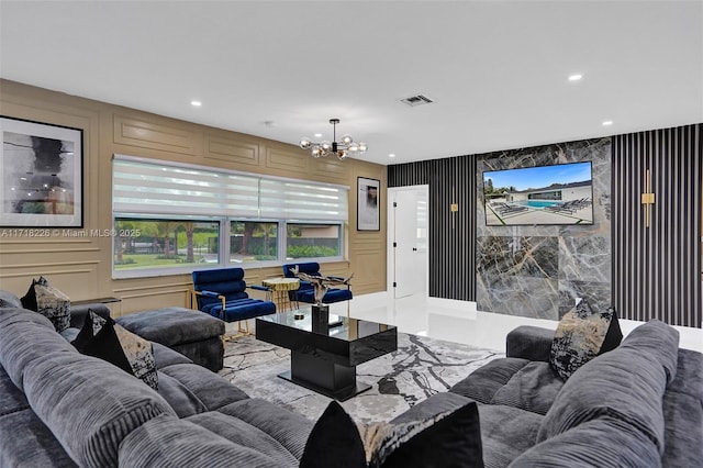 living room featuring a chandelier