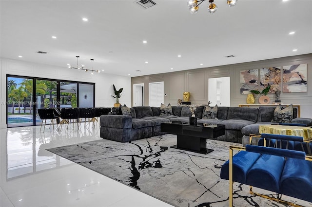 living room with a chandelier