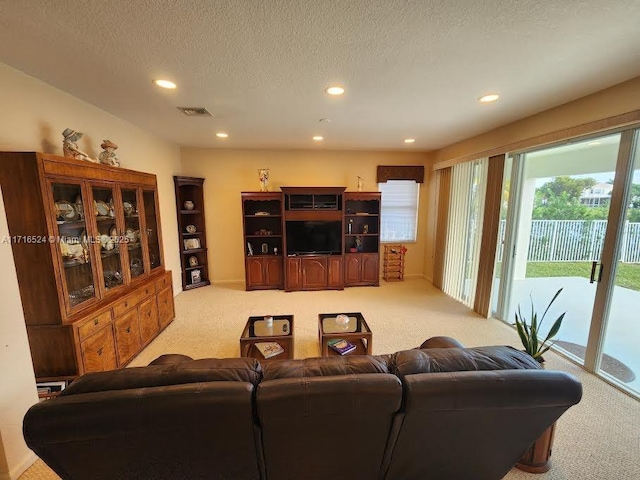 carpeted living room featuring a textured ceiling