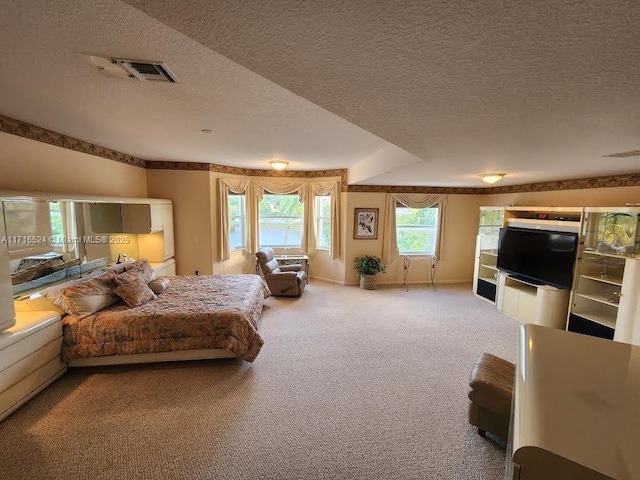 carpeted bedroom with a textured ceiling