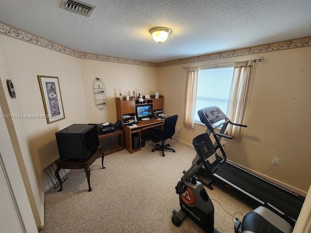 office space with a textured ceiling and carpet floors