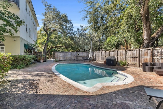 view of swimming pool featuring grilling area and a patio