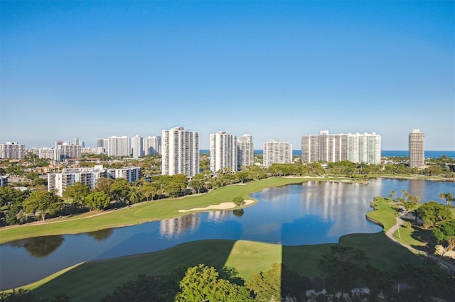 drone / aerial view featuring a water view and a city view