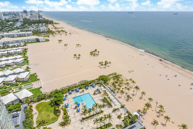 aerial view featuring a beach view and a water view