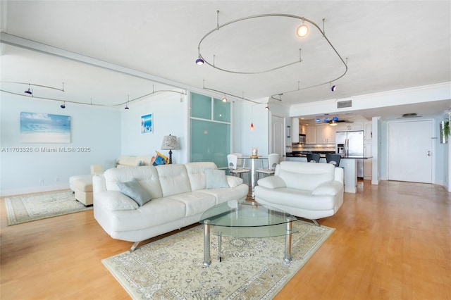 living room with ceiling fan and wood-type flooring