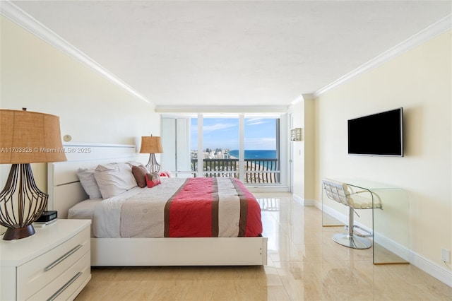 bedroom featuring access to exterior, expansive windows, and ornamental molding