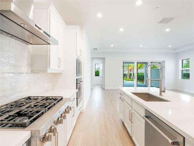 kitchen featuring sink, white cabinets, stainless steel appliances, and wall chimney range hood