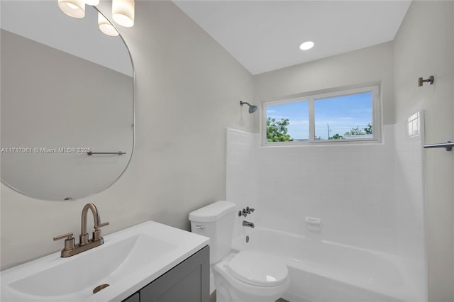 full bathroom with toilet,  shower combination, and vanity