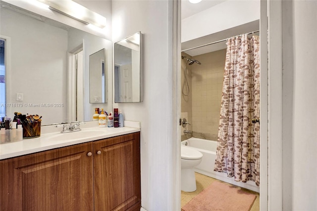 full bathroom featuring vanity, shower / bathtub combination with curtain, and toilet