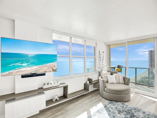 living room featuring a water view, expansive windows, and light hardwood / wood-style flooring