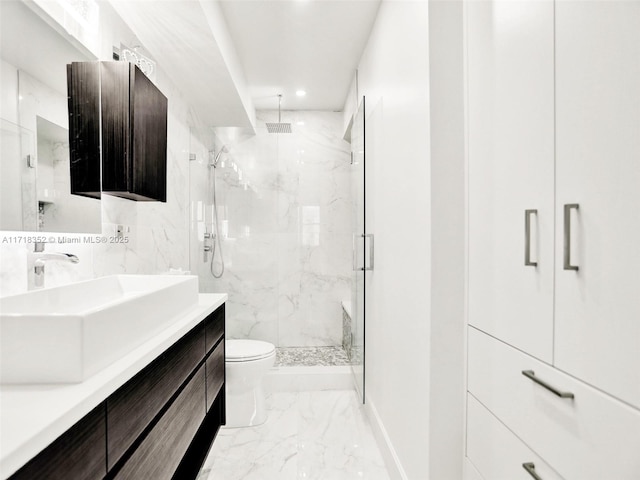 bathroom with vanity, an enclosed shower, and toilet