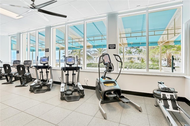 workout area featuring ceiling fan