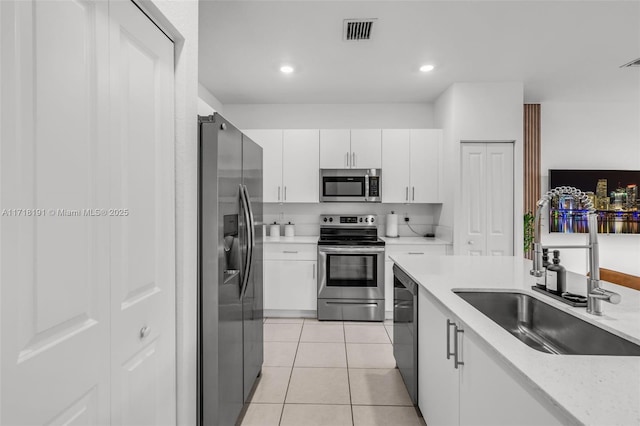 kitchen with stainless steel appliances, a sink, visible vents, and white cabinets