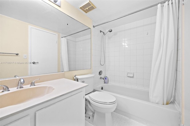 full bathroom with shower / bath combo, toilet, and vanity