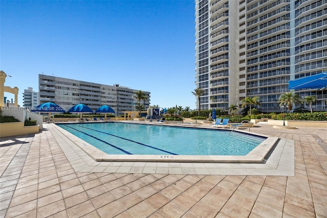 view of pool featuring a patio