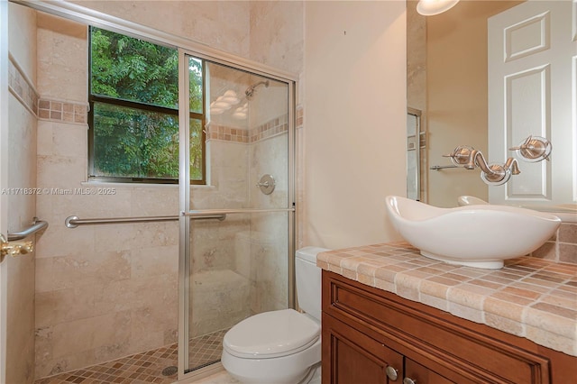 bathroom with vanity, a shower with shower door, and toilet