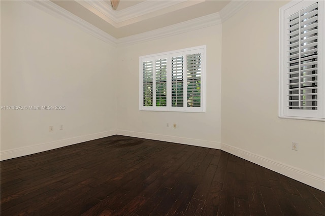 empty room with crown molding and dark hardwood / wood-style flooring