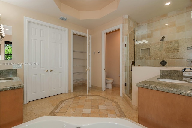 bathroom with vanity, a tray ceiling, toilet, and an enclosed shower