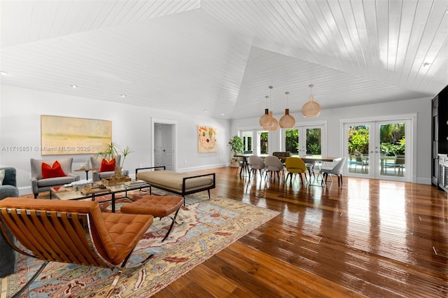 living room featuring wooden ceiling, french doors, and hardwood / wood-style floors