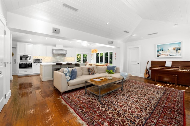 living room with hardwood / wood-style floors, wood ceiling, and vaulted ceiling