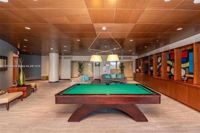 recreation room with light colored carpet and billiards