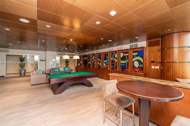 rec room featuring light colored carpet and billiards