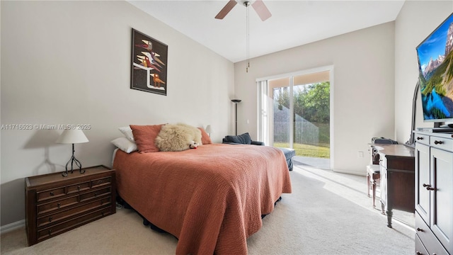 carpeted bedroom with lofted ceiling, access to outside, and ceiling fan