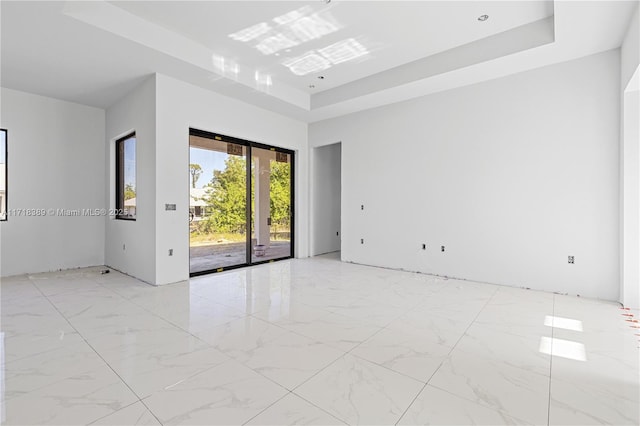 spare room featuring a towering ceiling and a tray ceiling