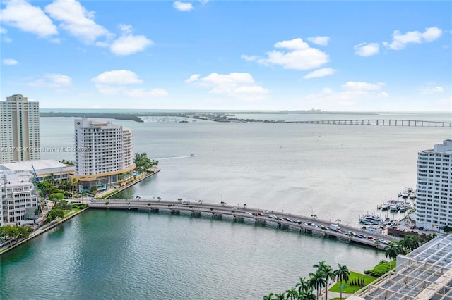 birds eye view of property featuring a water view