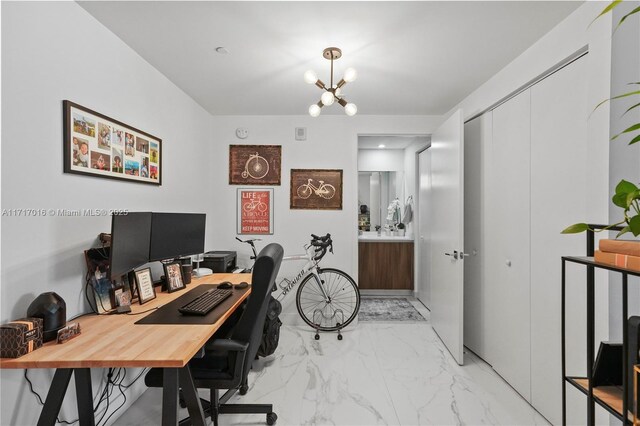 office area featuring a chandelier