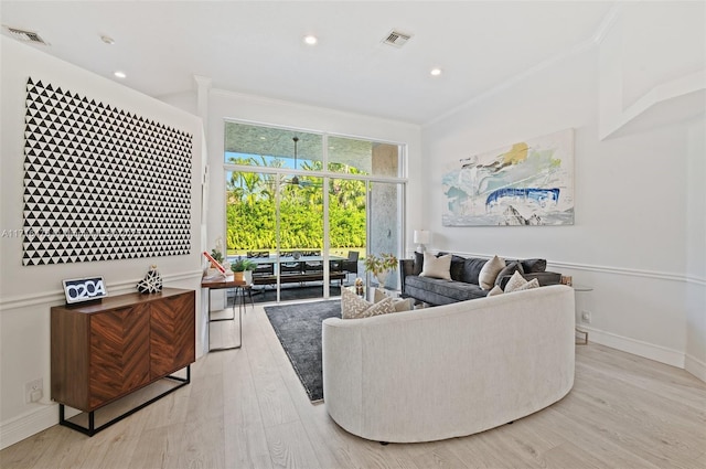 living room with light hardwood / wood-style floors and crown molding