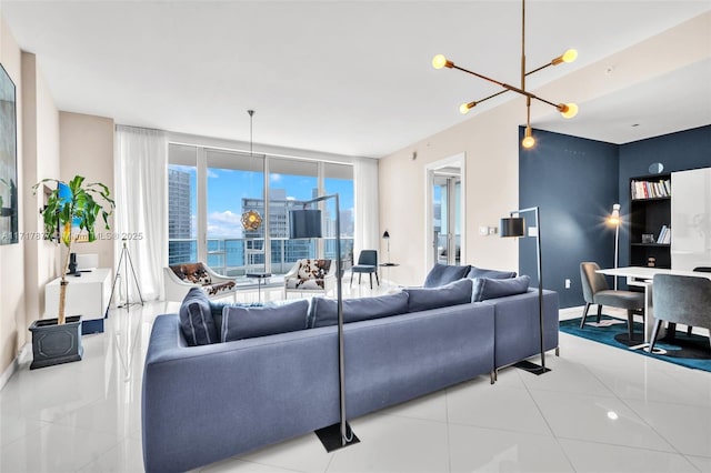 living room featuring tile patterned floors, floor to ceiling windows, and baseboards