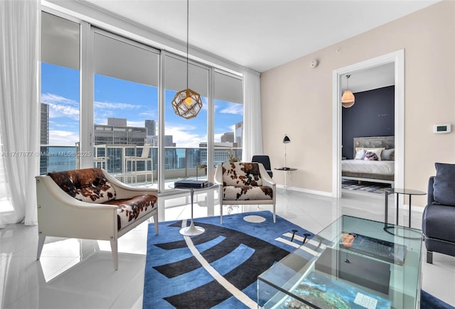 living area featuring a city view, baseboards, and expansive windows