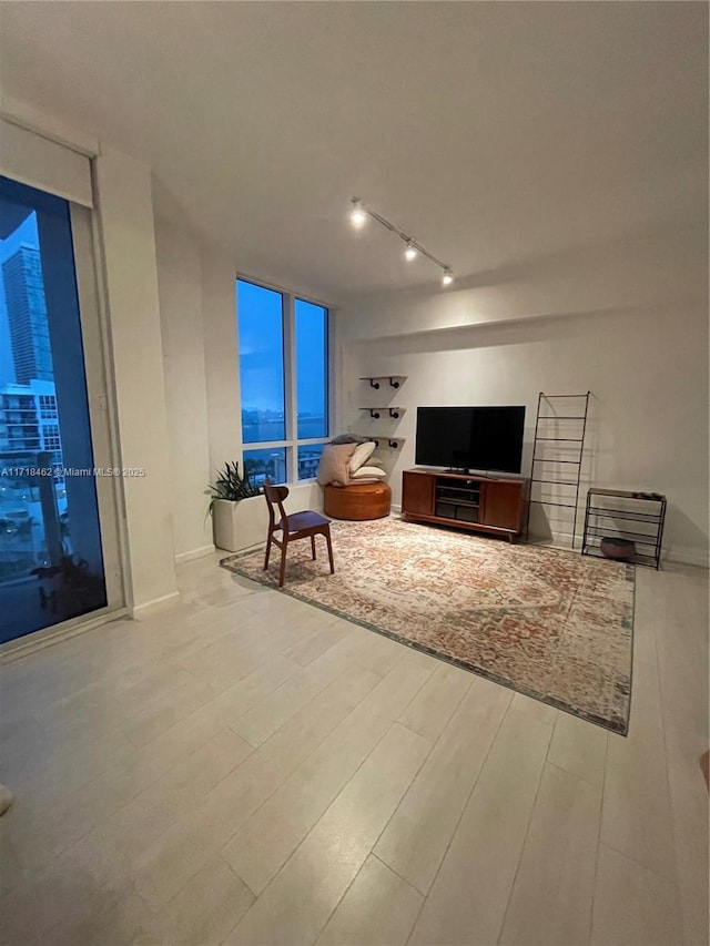 living room featuring expansive windows, track lighting, and light hardwood / wood-style flooring